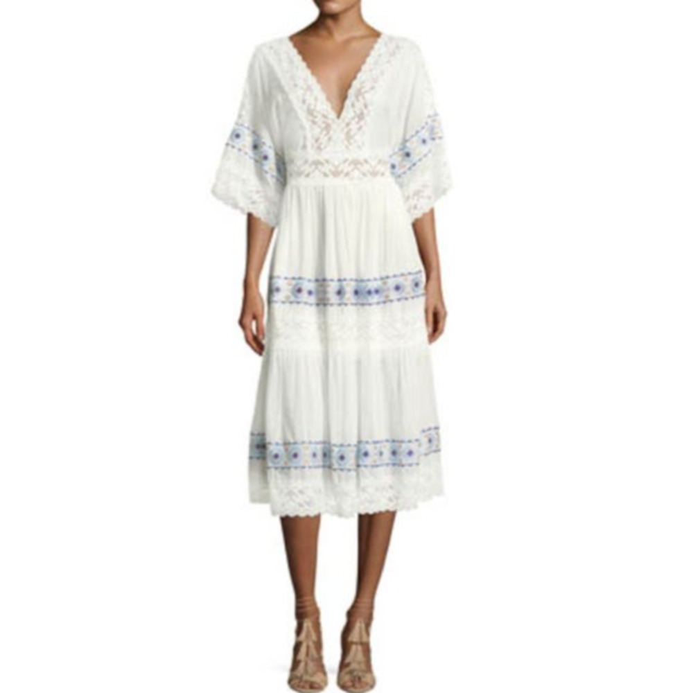 Queen & Pawn Anatole Deep V cotton silk voile midi dress with lace size large
